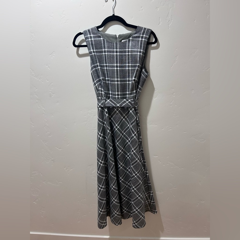 Calvin Klein Gray Plaid Sleeveless Midi Dress